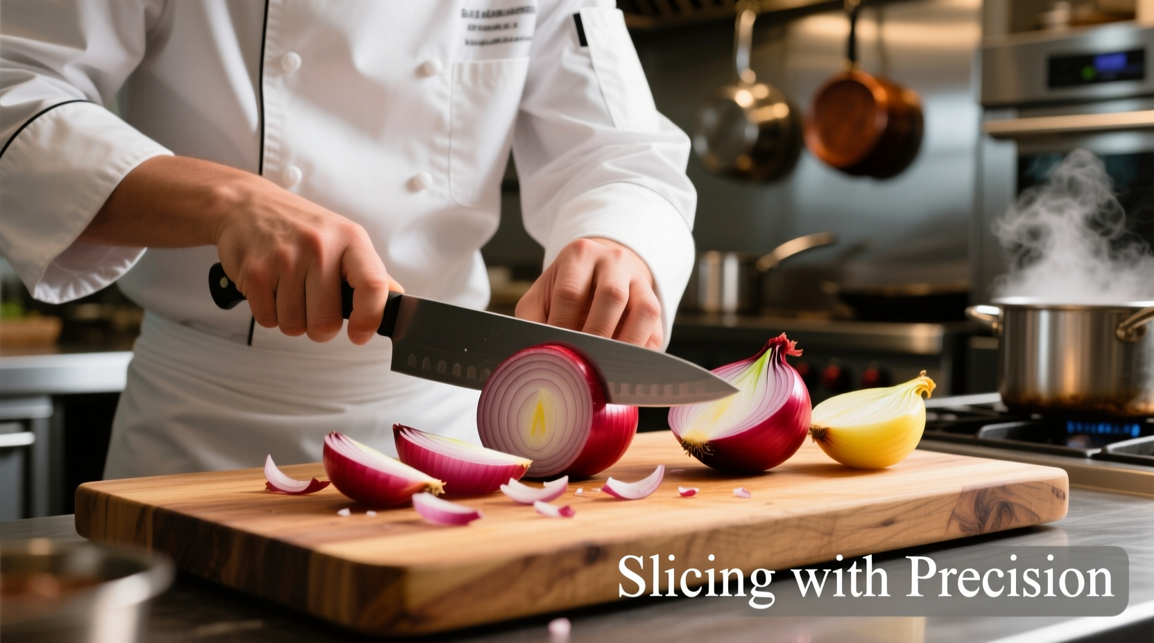 Chef slicing red and yellow onions on cutting board