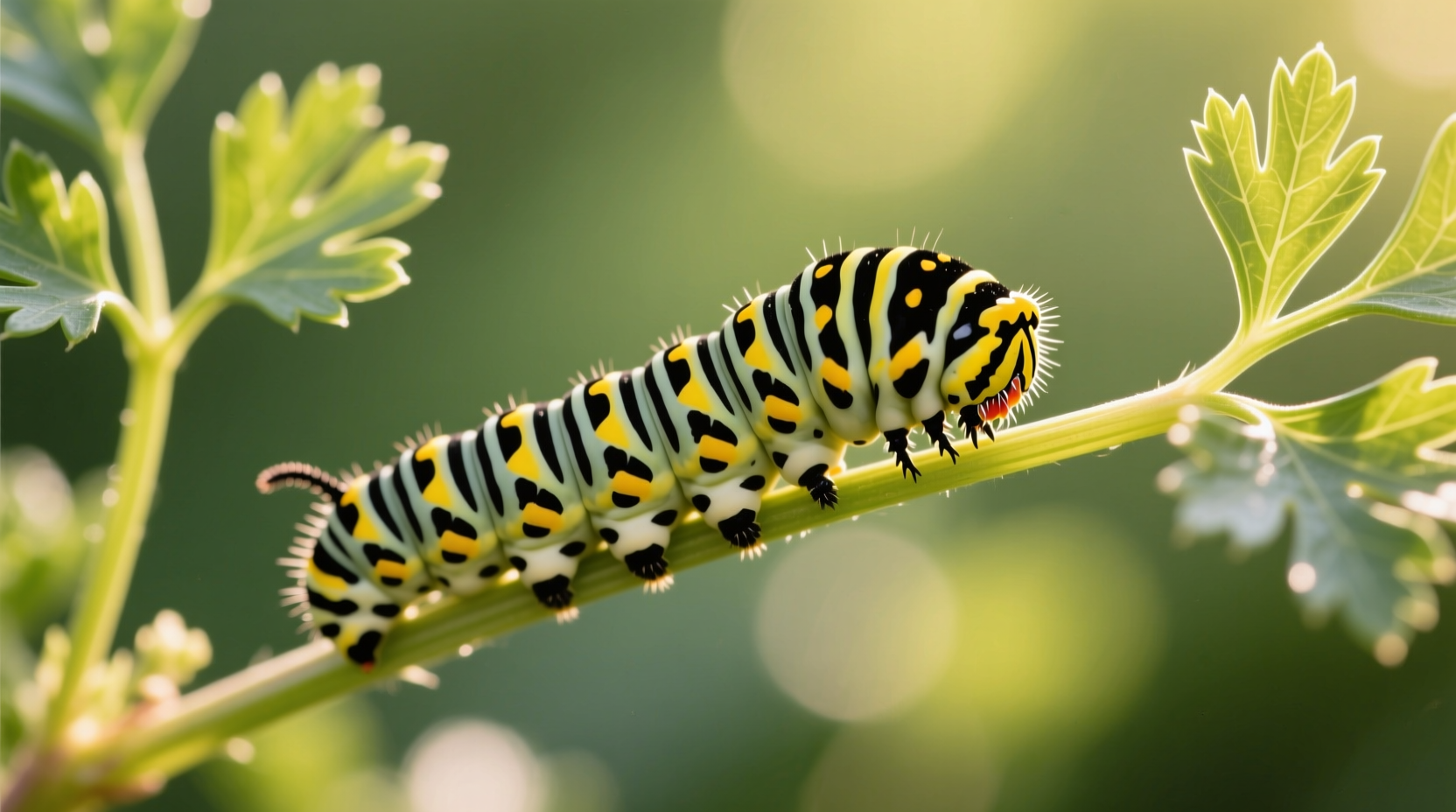 Black Swallowtail caterpillar on parsley stem