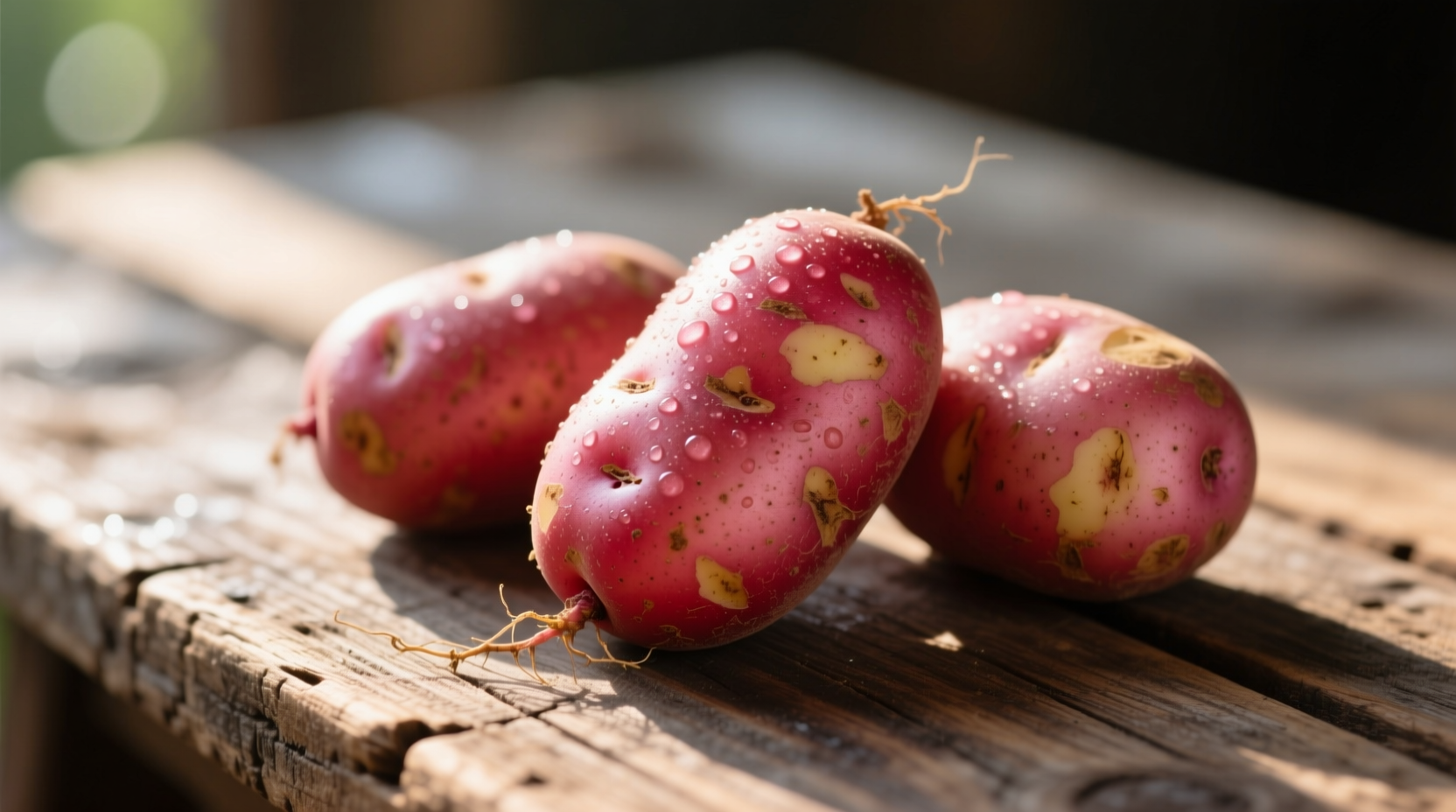 Fresh red potatoes with skin on wooden table