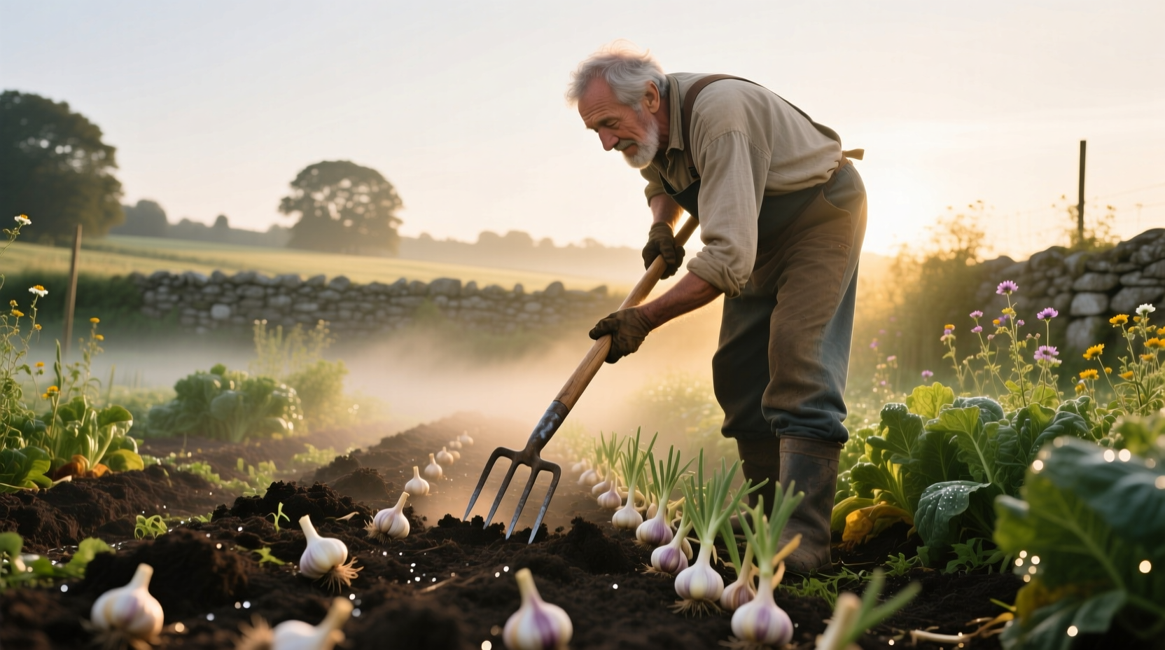 Gardener harvesting garlic with garden fork in morning light