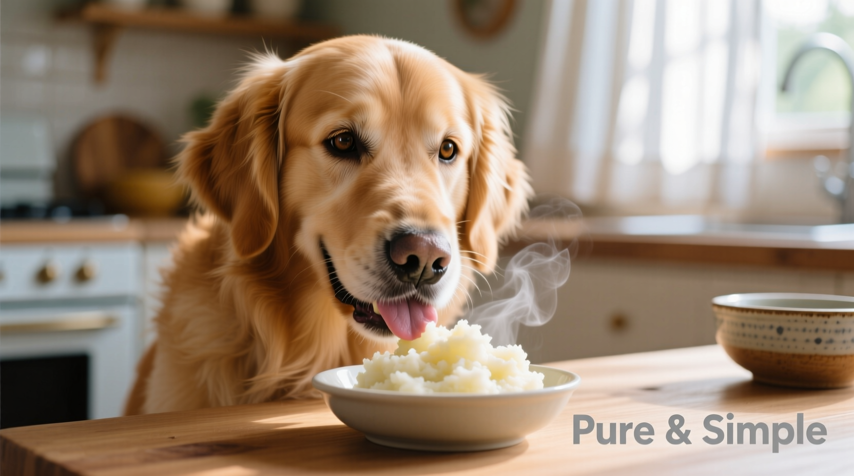 Golden retriever eating small portion of plain mashed potatoes