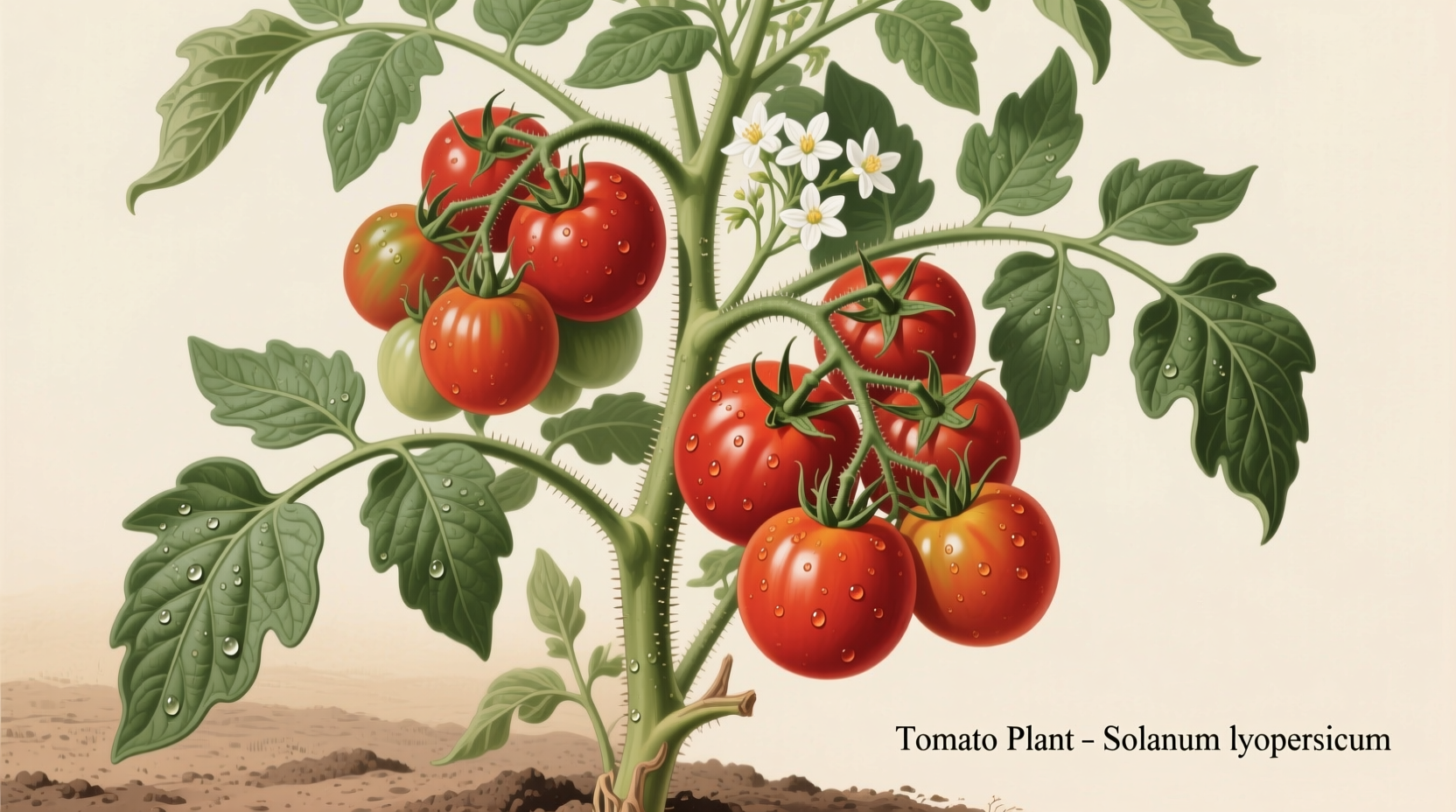 Healthy tomato plant with red fruit and green leaves