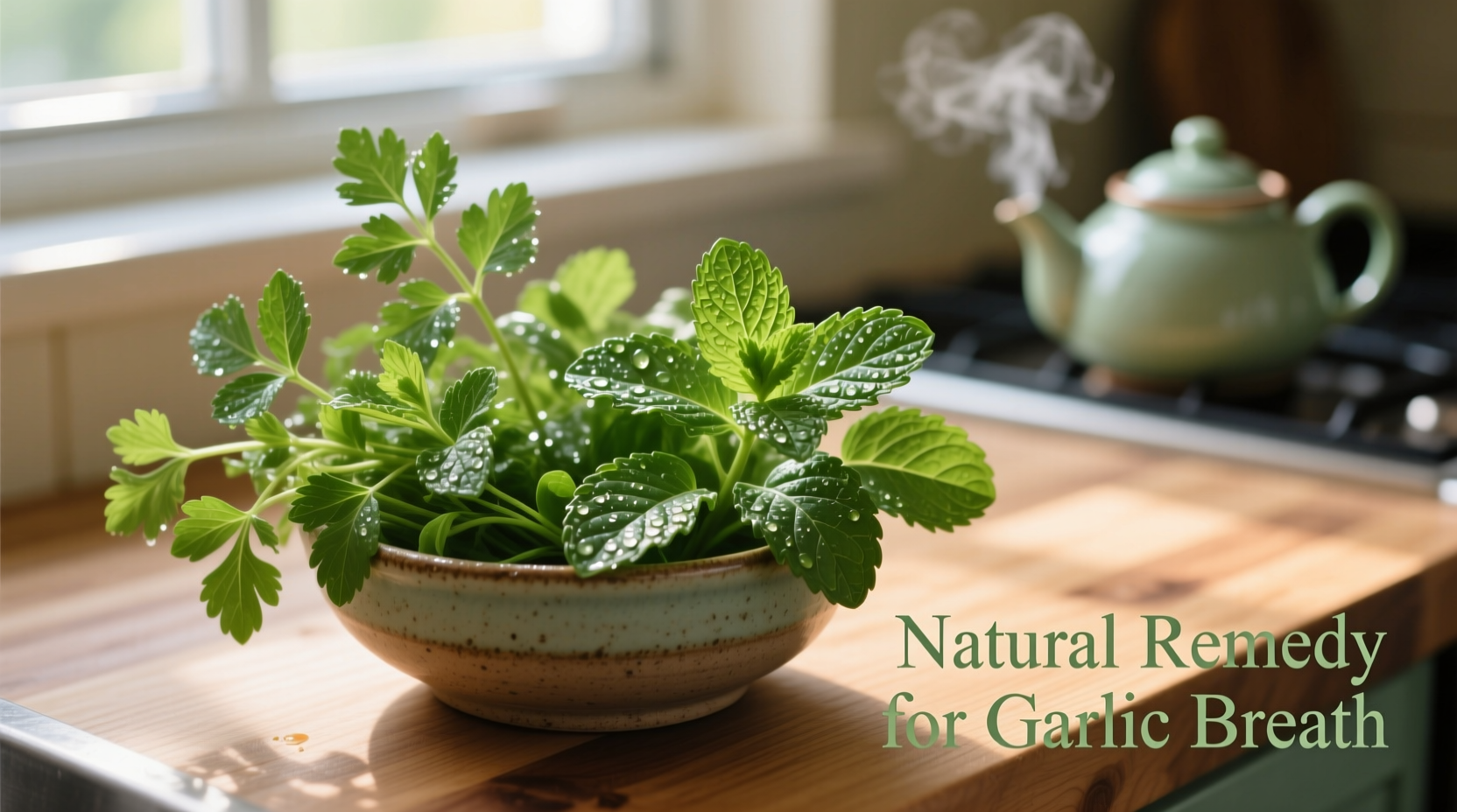 Fresh parsley and mint leaves for garlic breath remedy