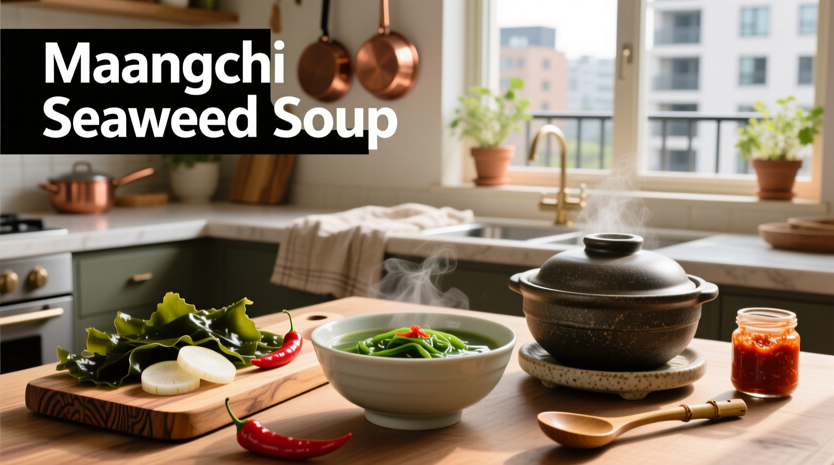 Maangchi preparing seaweed soup in a kitchen setting