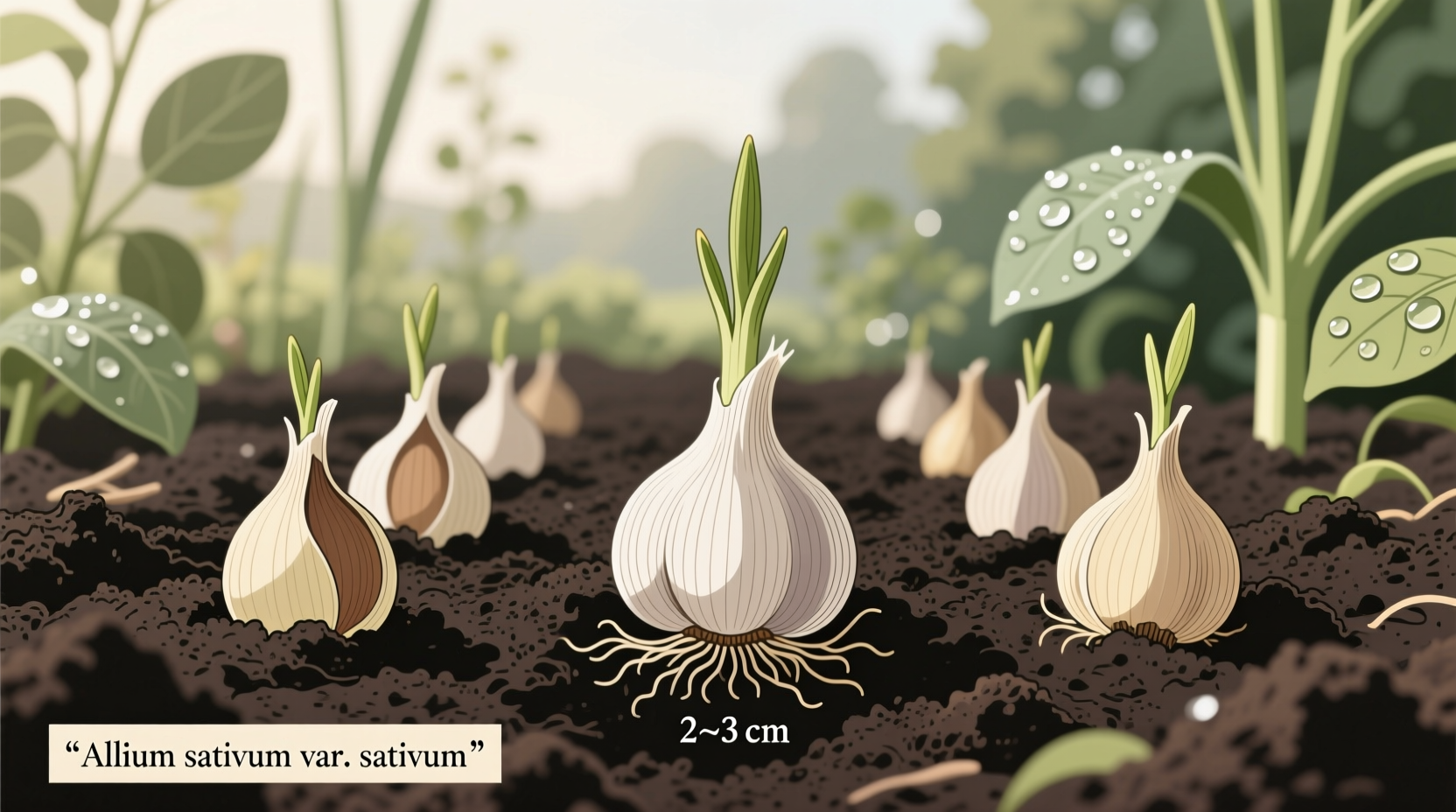 Garlic bulbils planted in garden soil with proper spacing