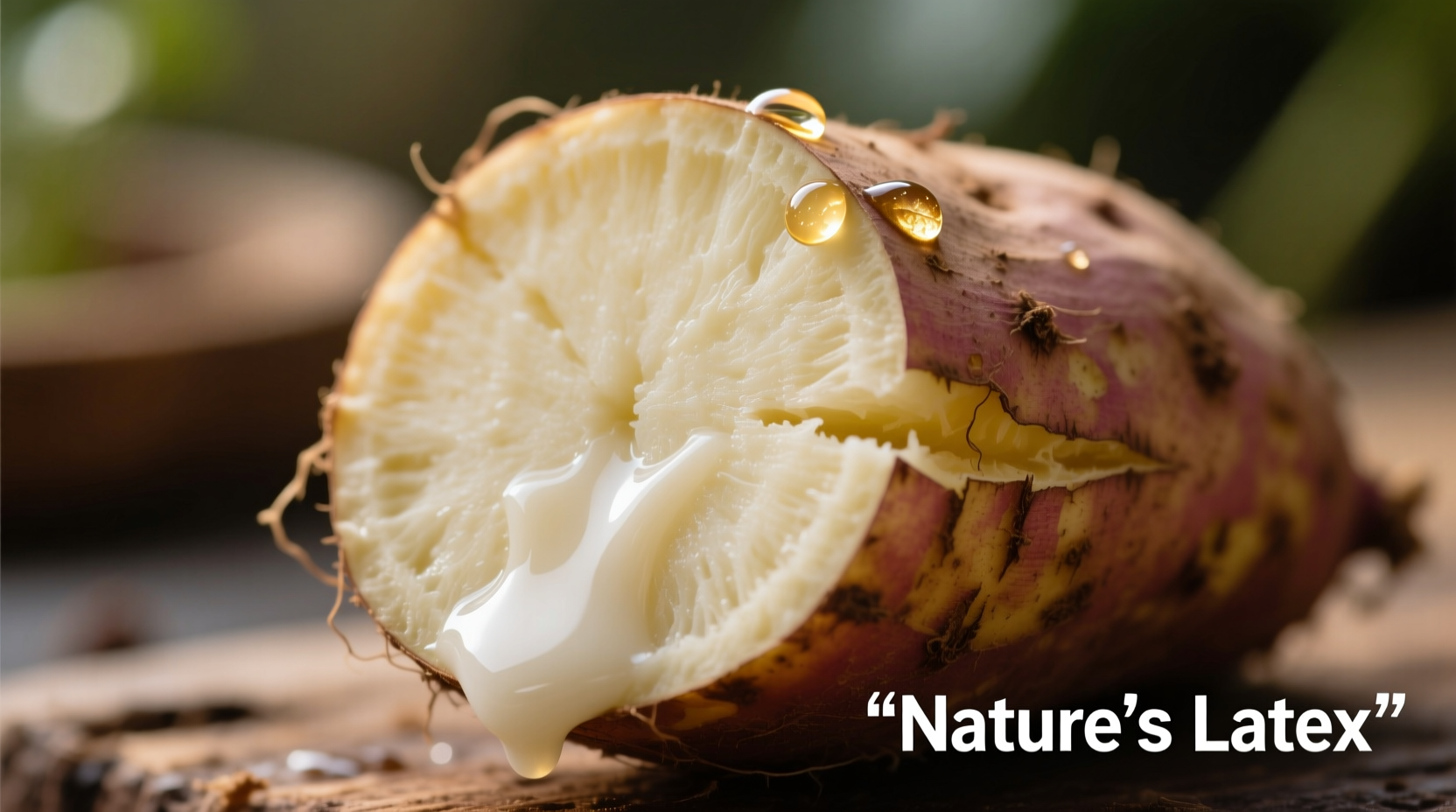 Close-up of white sap oozing from cut sweet potato