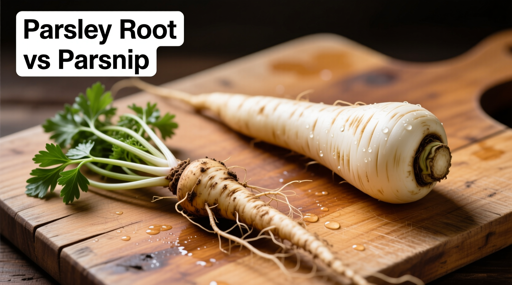 Side-by-side comparison of parsley root and parsnip on wooden cutting board