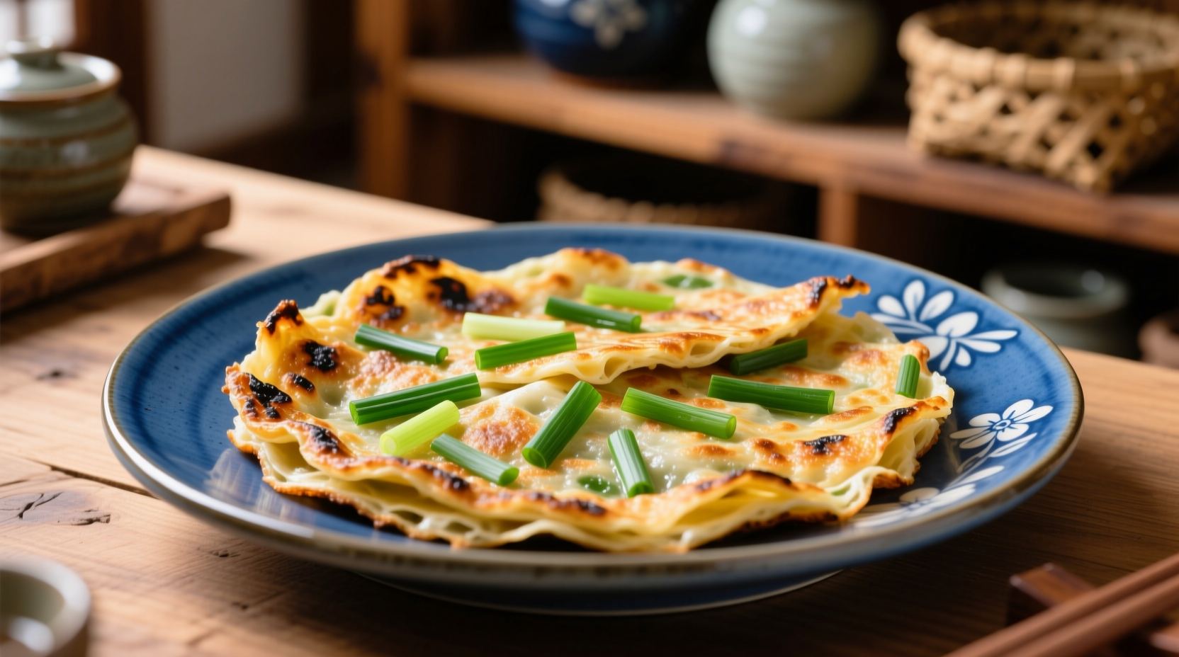Crispy Korean green onion pancake on blue plate