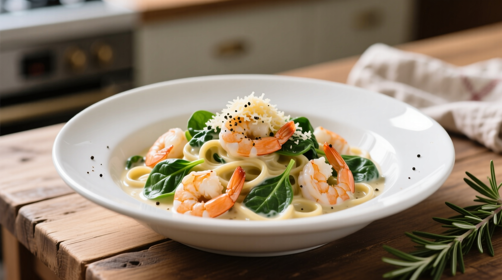 Creamy shrimp and spinach alfredo in white bowl
