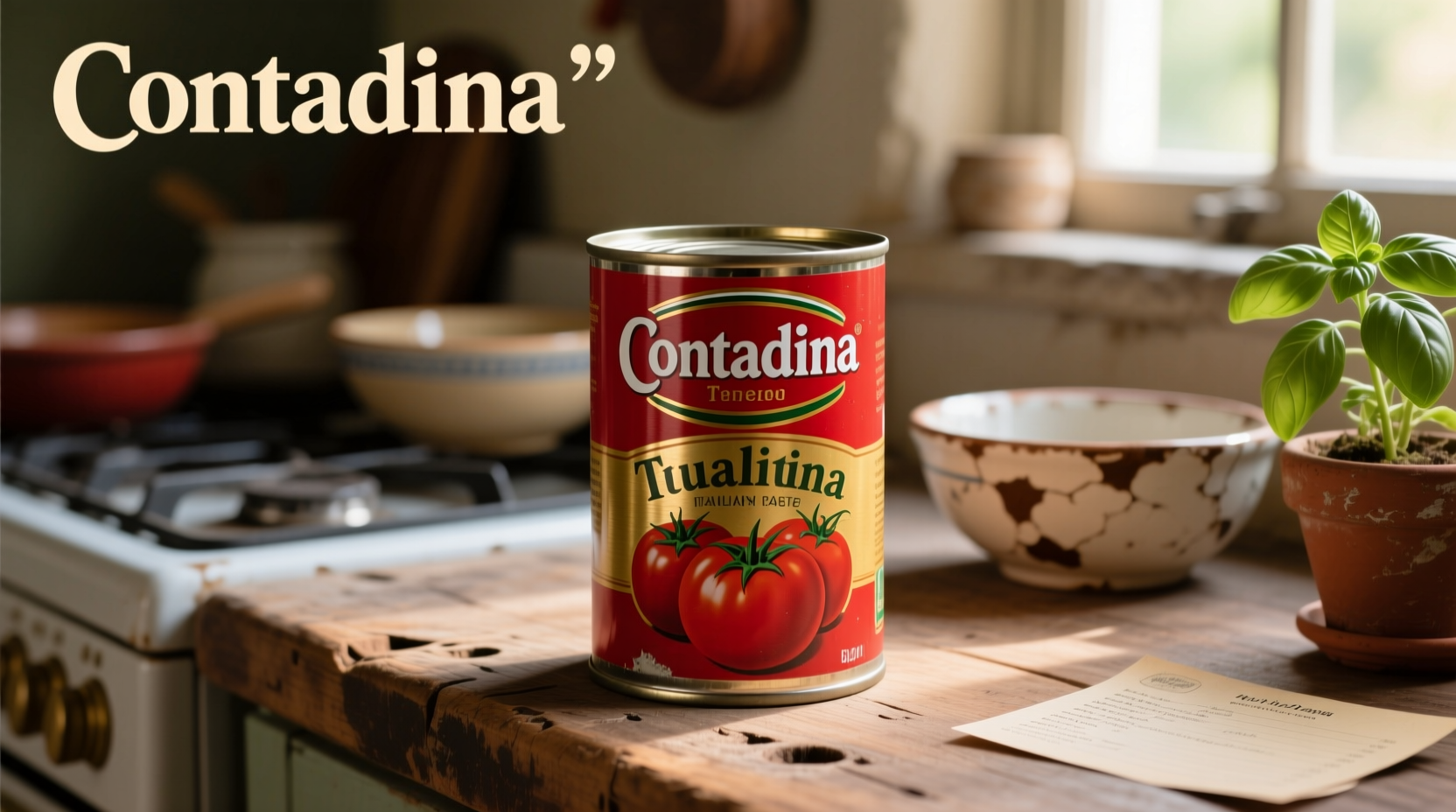 Contadina tomato paste can on kitchen counter