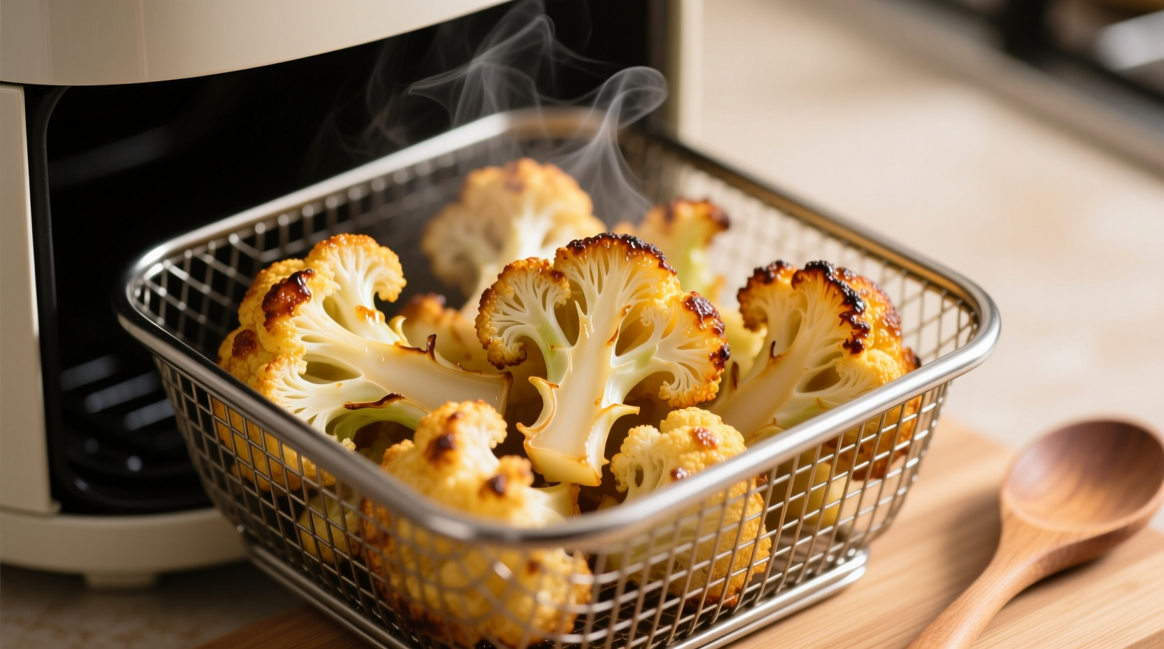 Golden roasted cauliflower florets in air fryer basket