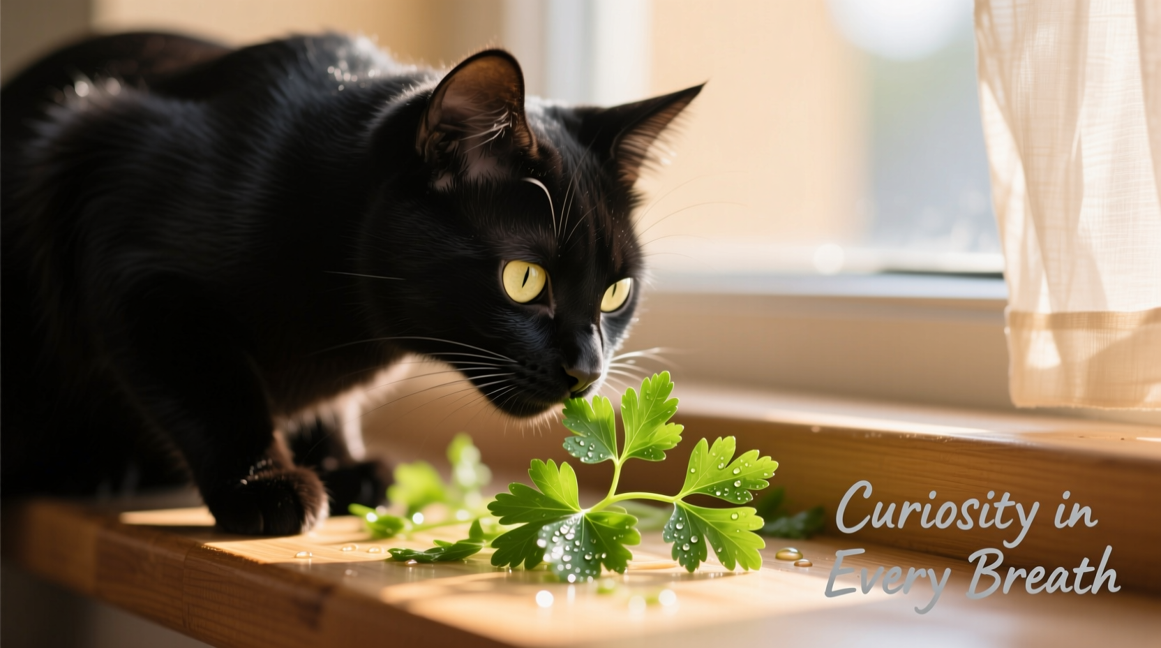 Close-up of a cat cautiously sniffing fresh parsley leaves
