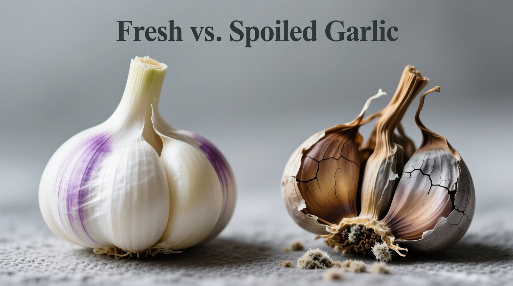 Side-by-side comparison of fresh and spoiled garlic cloves