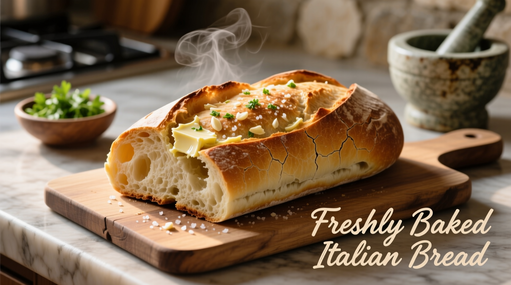 Freshly baked Italian bread with garlic rub