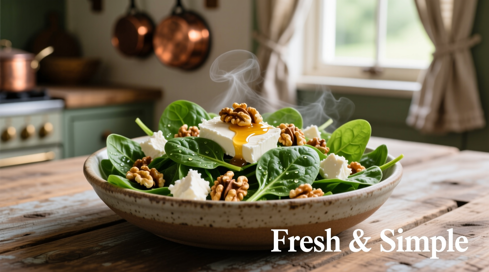 Fresh spinach salad with creamy goat cheese and walnuts