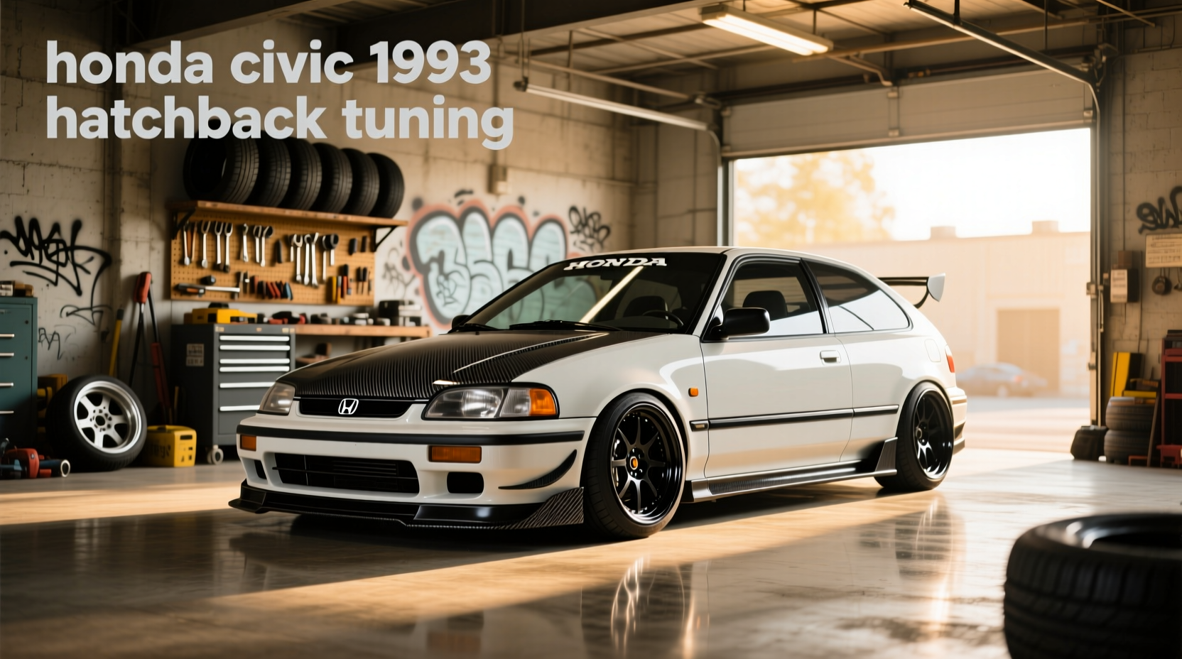 Modified 1993 Honda Civic hatchback with aftermarket body kit and exhaust