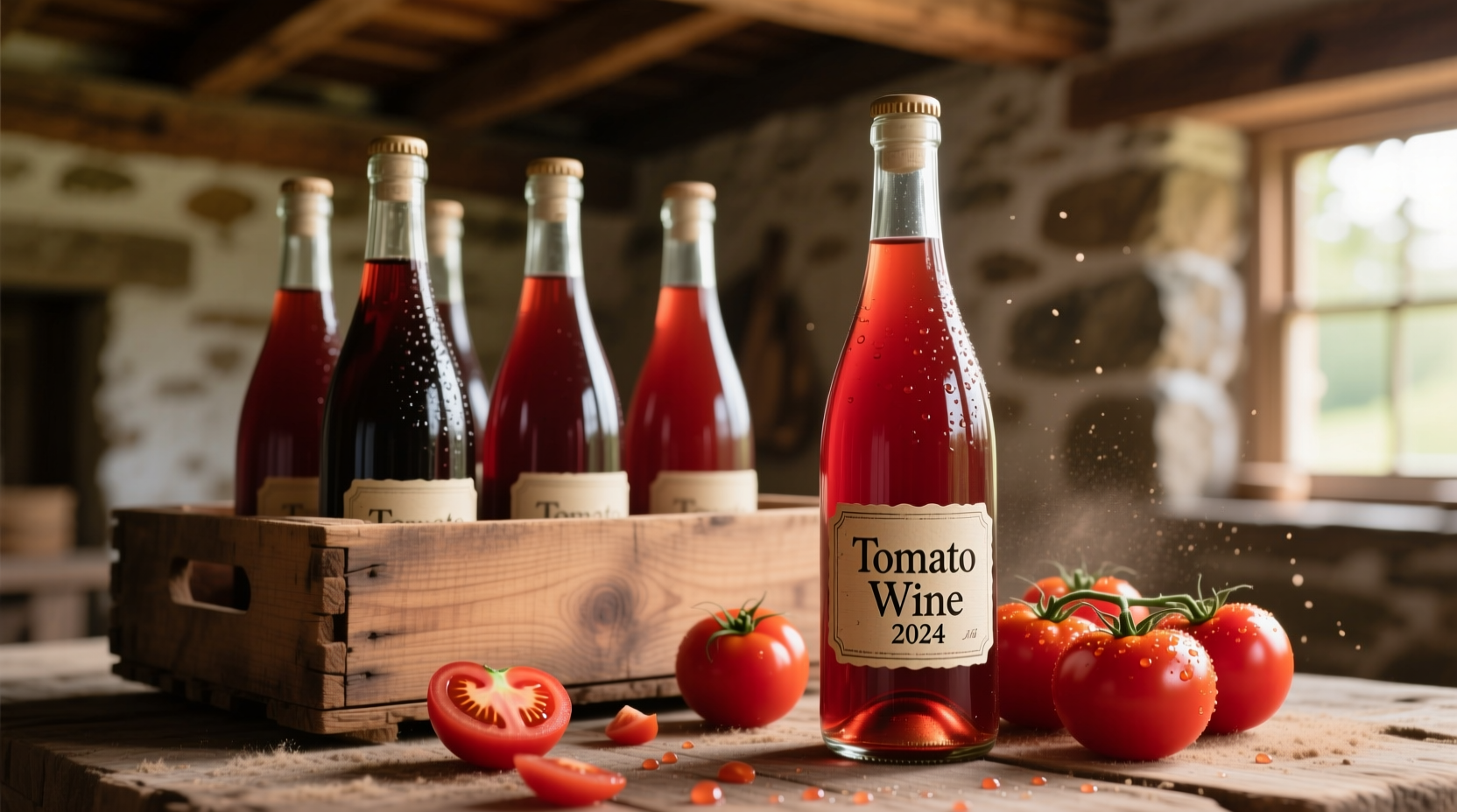 Homemade tomato wine in glass bottles with fresh tomatoes