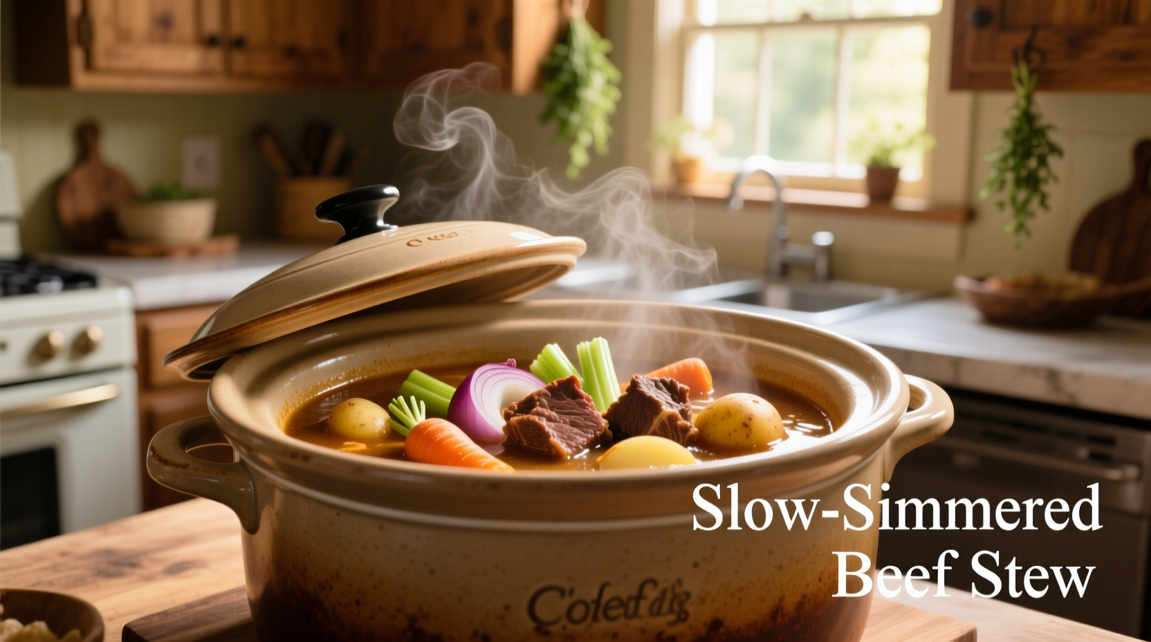 Beef stew in crock pot with vegetables