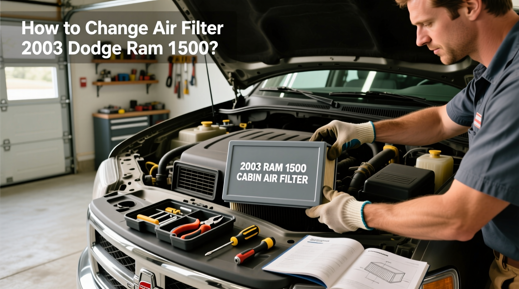 Mechanic holding a dirty cabin air filter removed from a 2003 Ram 1500