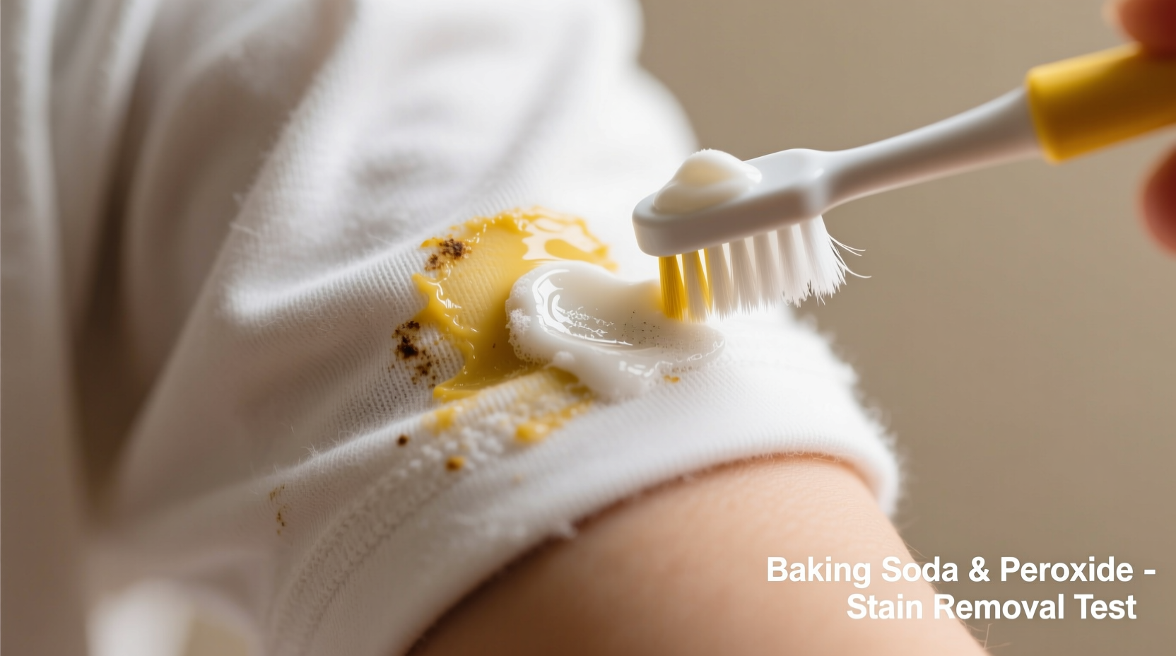 Close-up of a white cotton t-shirt sleeve showing precise application of off-white baking soda-peroxide paste to a defined yellow deodorant stain, with a soft toothbrush angled at 30 degrees for gentle agitation
