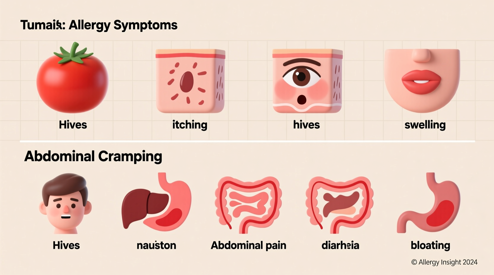 Tomato allergy symptoms chart showing skin and digestive reactions