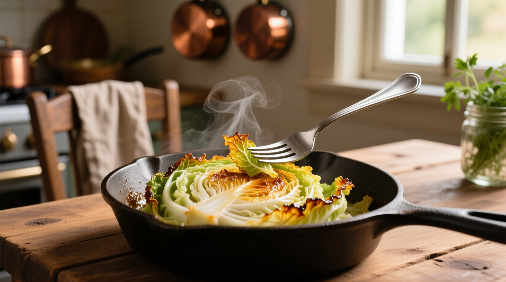 Freshly cooked cabbage in a skillet with fork