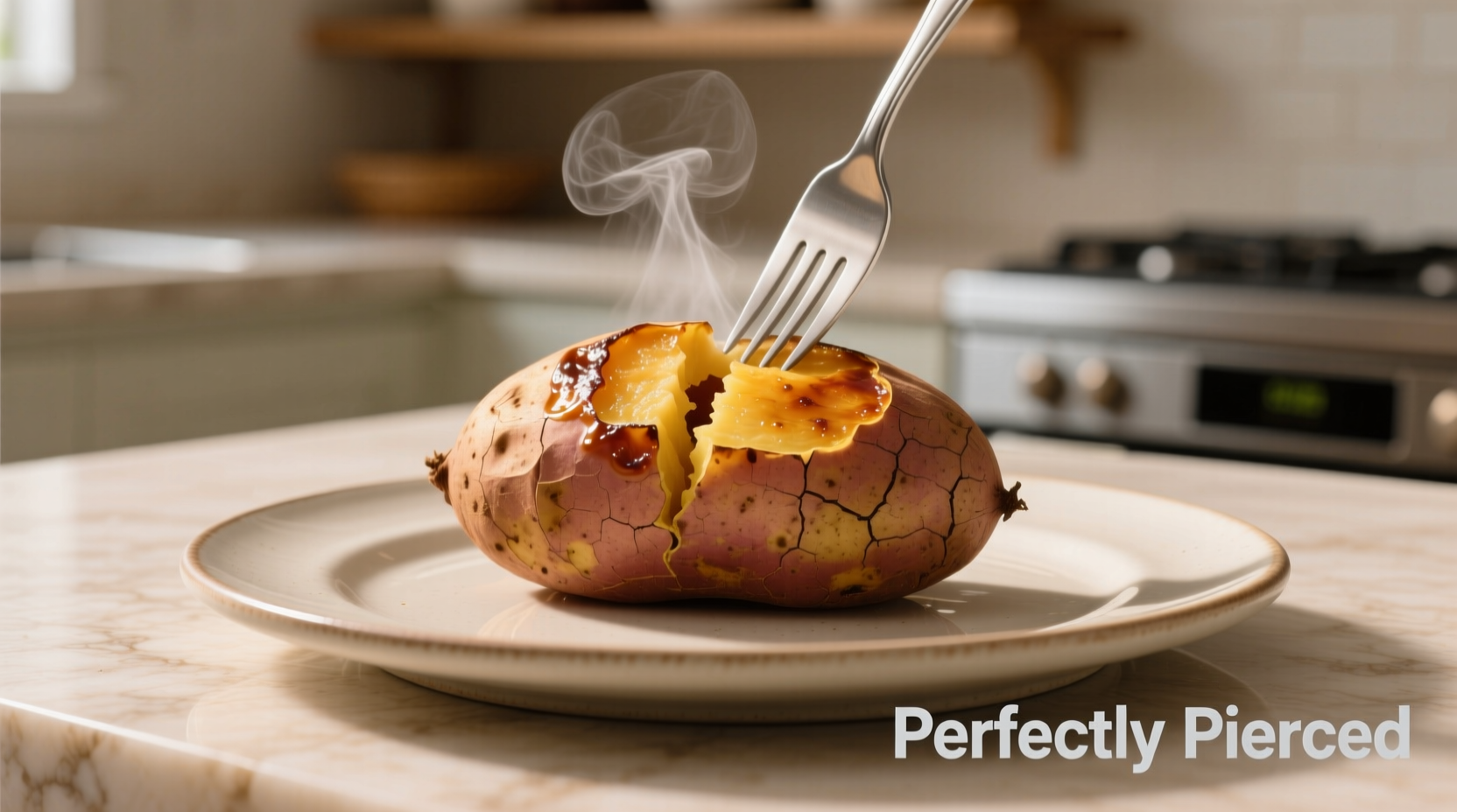 Pierced sweet potato on microwave-safe plate