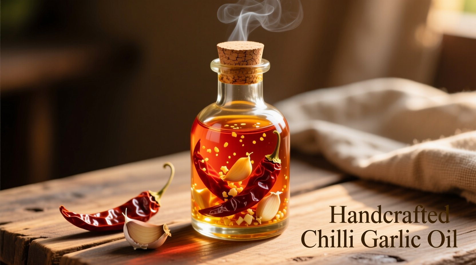 Homemade chilli garlic oil in glass bottle with chilies