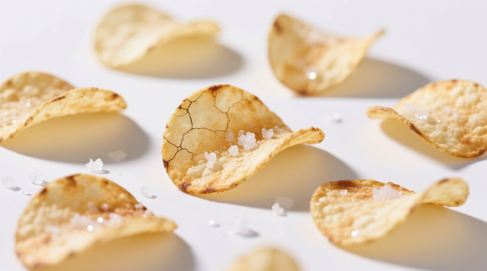 Close-up of low fat potato chips on white background