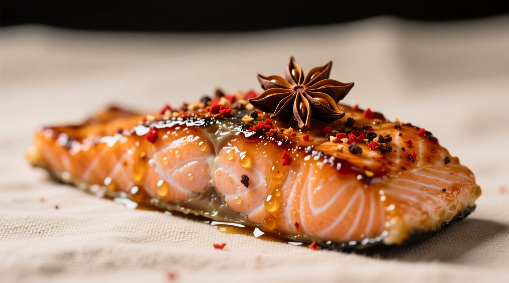 Close-up of honey glaze bubbling on salmon fillet with visible spice flecks of smoked paprika and star anise