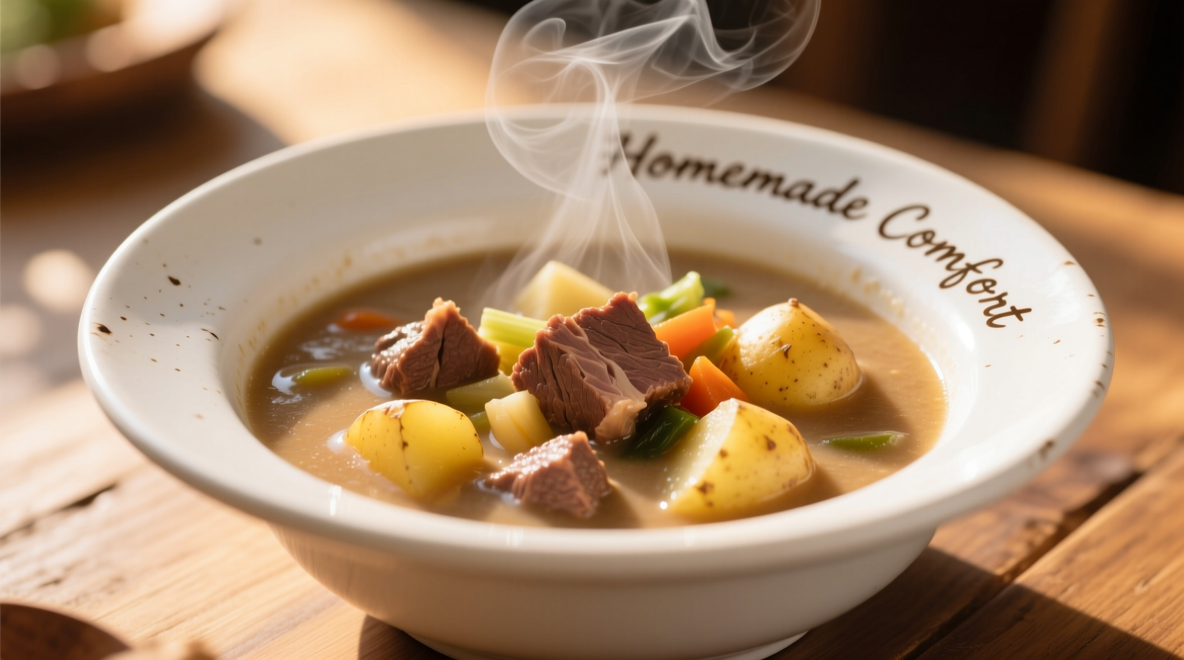 Hearty potato beef soup in white ceramic bowl