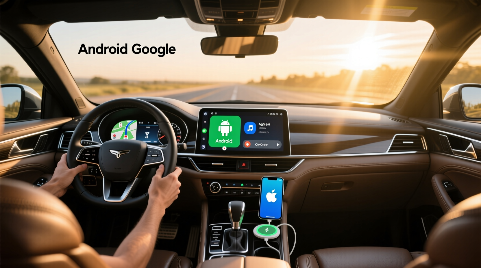 Aftermarket car stereo with Apple CarPlay and Android Auto interface displayed