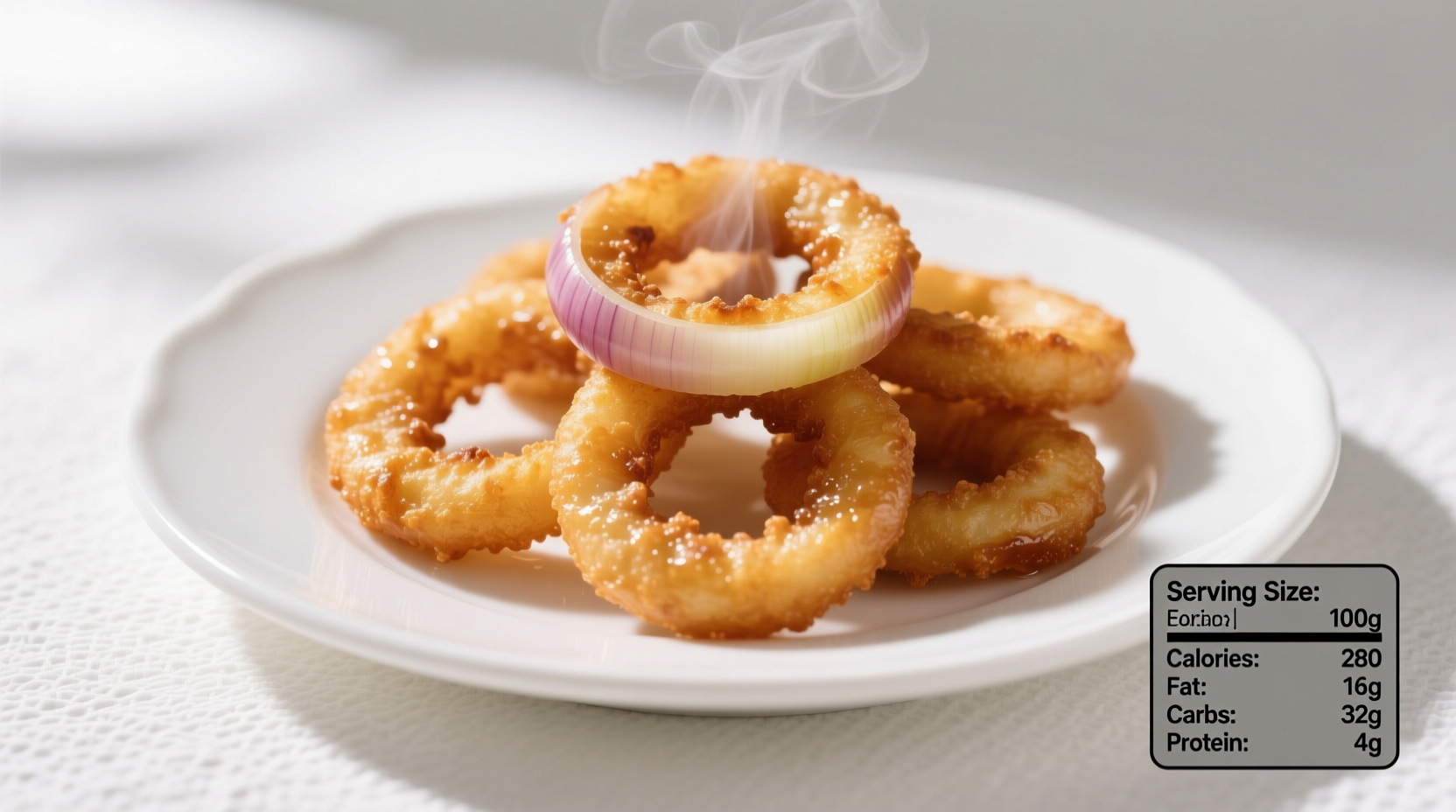 Golden brown onion rings on white plate with nutritional facts