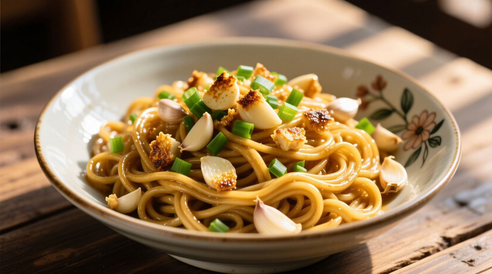 Golden garlic noodles with visible minced garlic pieces