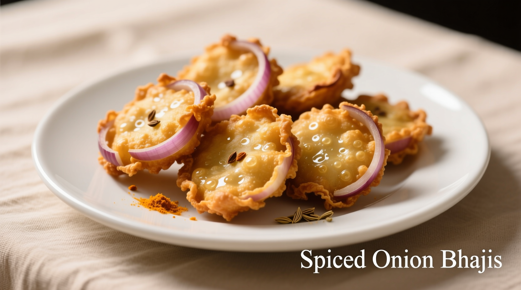 Golden brown onion bhajis on white plate
