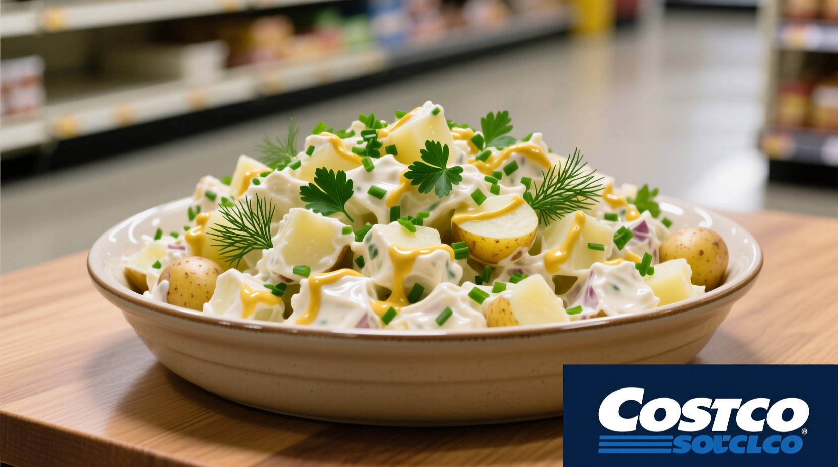 Costco potato salad in serving dish with fresh herbs
