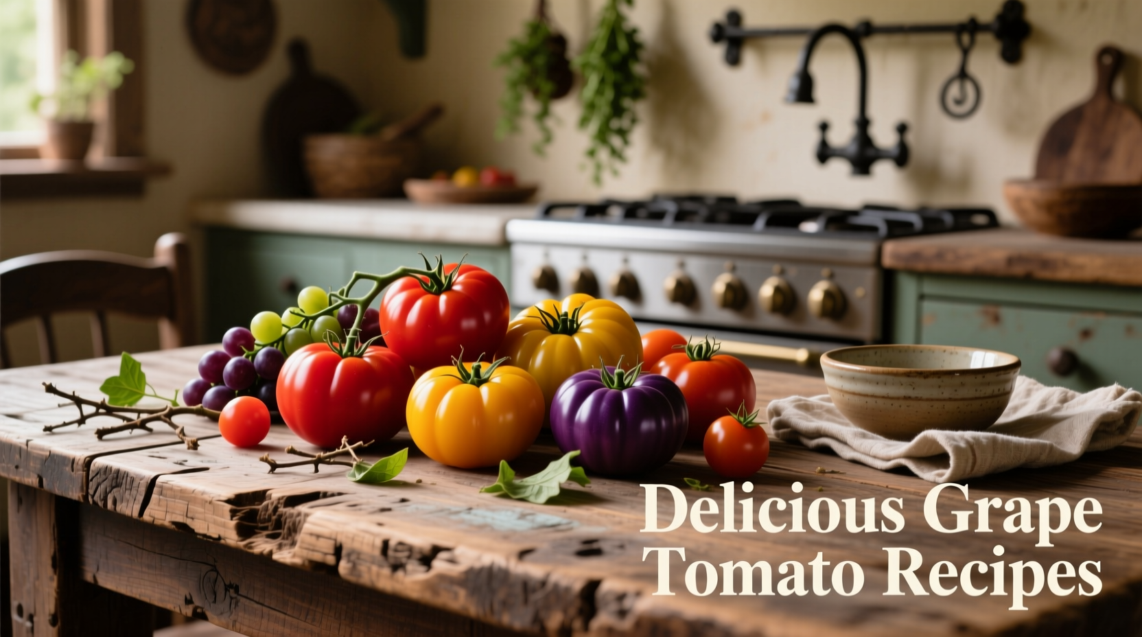 Colorful grape tomato recipes on rustic wooden table