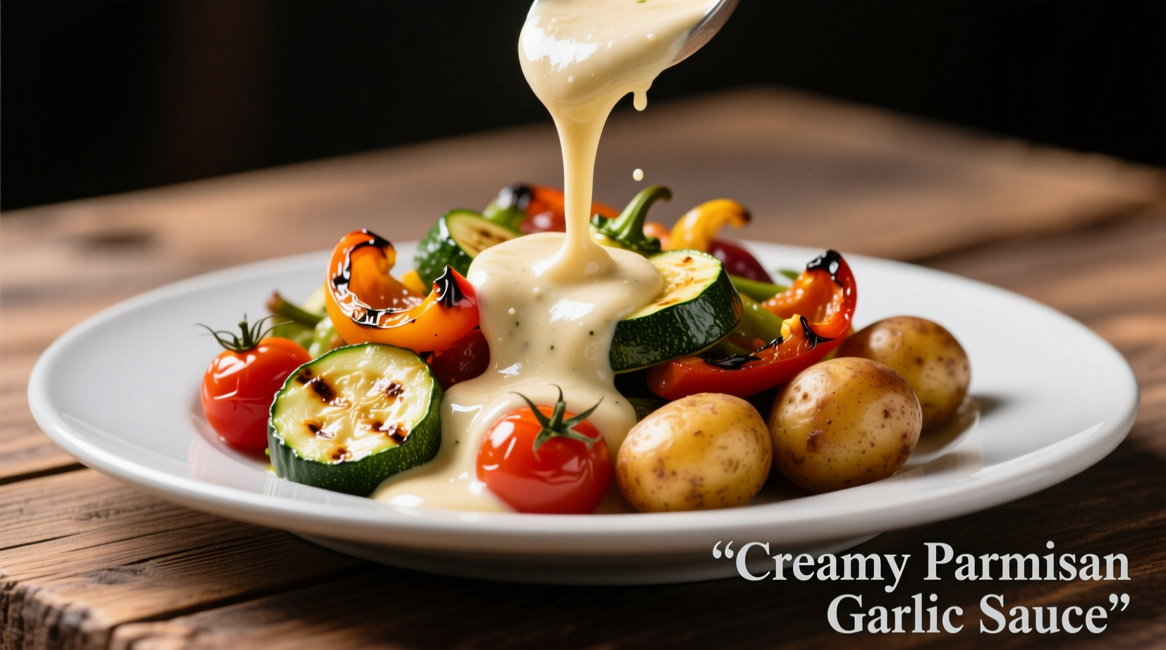 Creamy parmesan garlic sauce drizzled over roasted vegetables