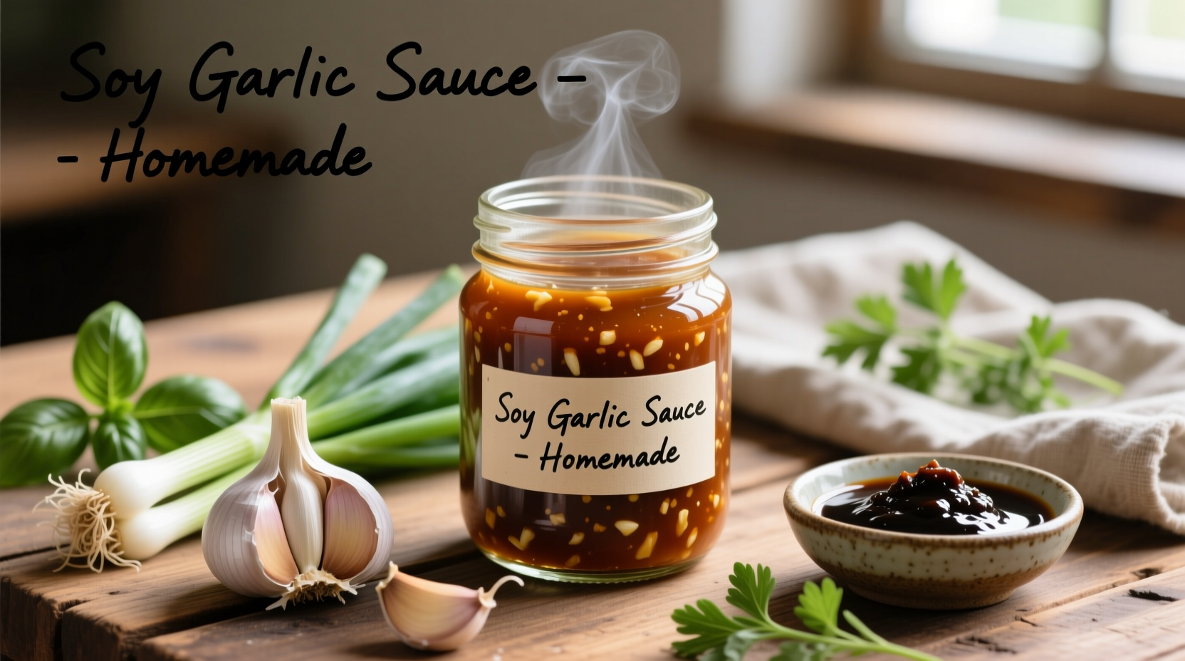 Homemade soy garlic sauce in glass jar with fresh ingredients