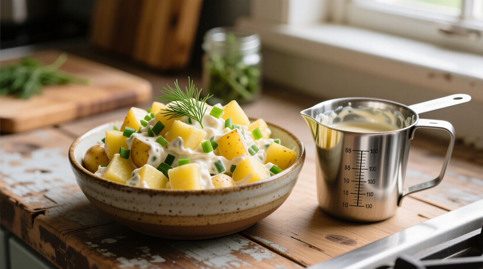 Potato salad in a bowl with measuring cup