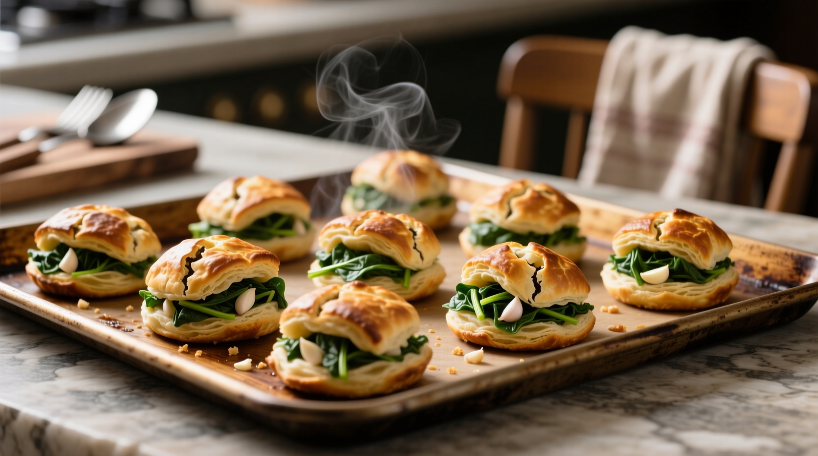 Golden brown spinach puffs arranged on baking sheet