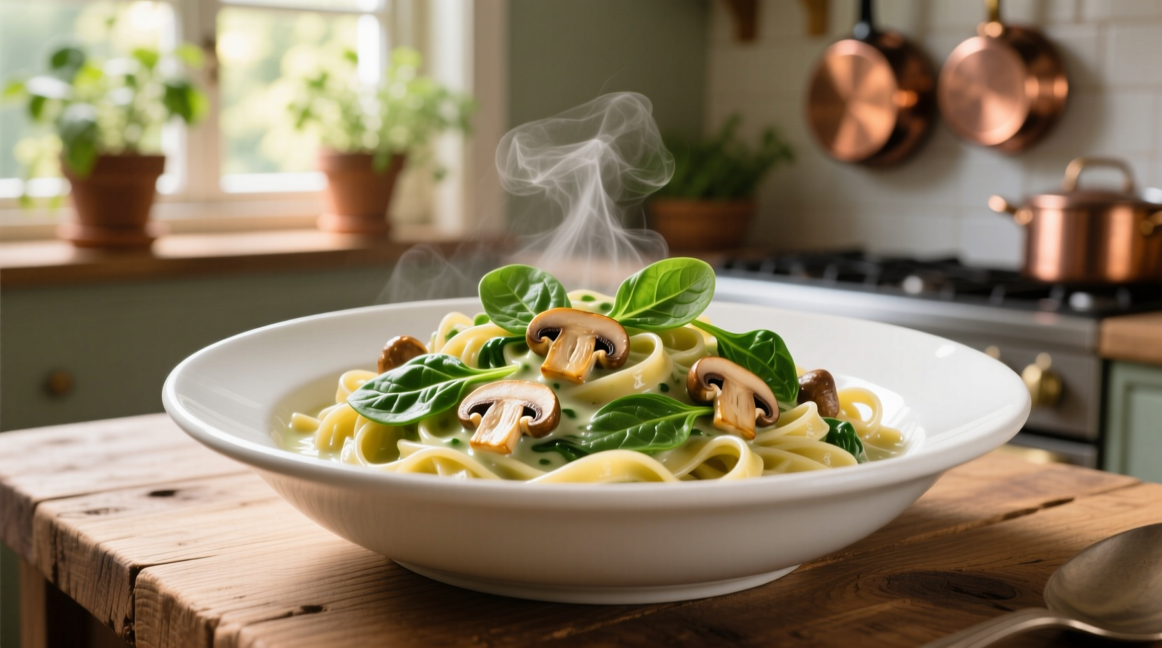Technik der Sahne-Emulsionierung für Spinat-Pasta