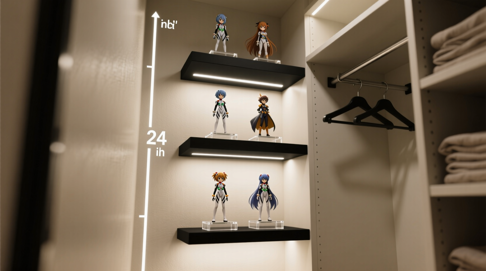 A narrow, 24-inch-wide vertical section of a walk-in closet showing three staggered floating shelves holding anime figures and art books, lit by a subtle warm LED strip; adjacent sections contain neatly hung jackets and folded denim on labeled bins—zero visual bleed between zones