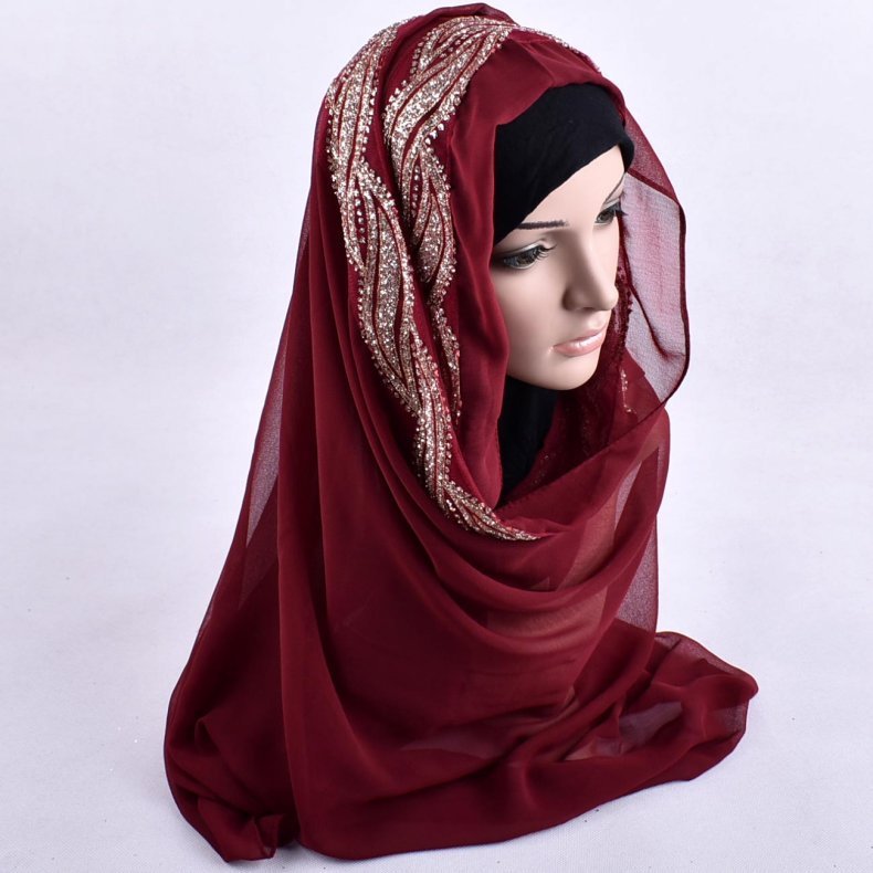 2020时尚穆斯林头巾围巾纯色闪亮披肩雪纺女士围巾头巾与水钻