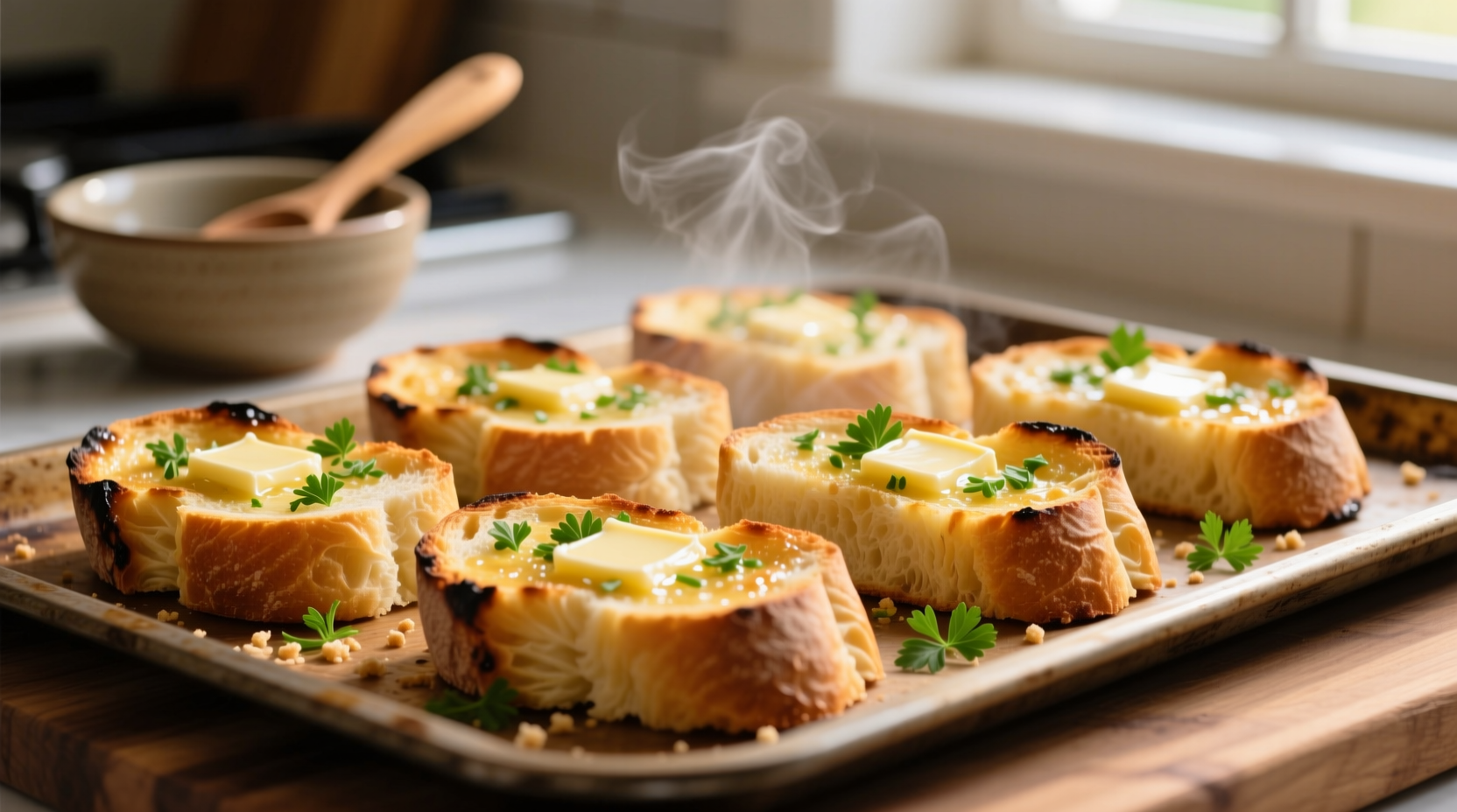 Perfectly golden garlic bread on baking sheet