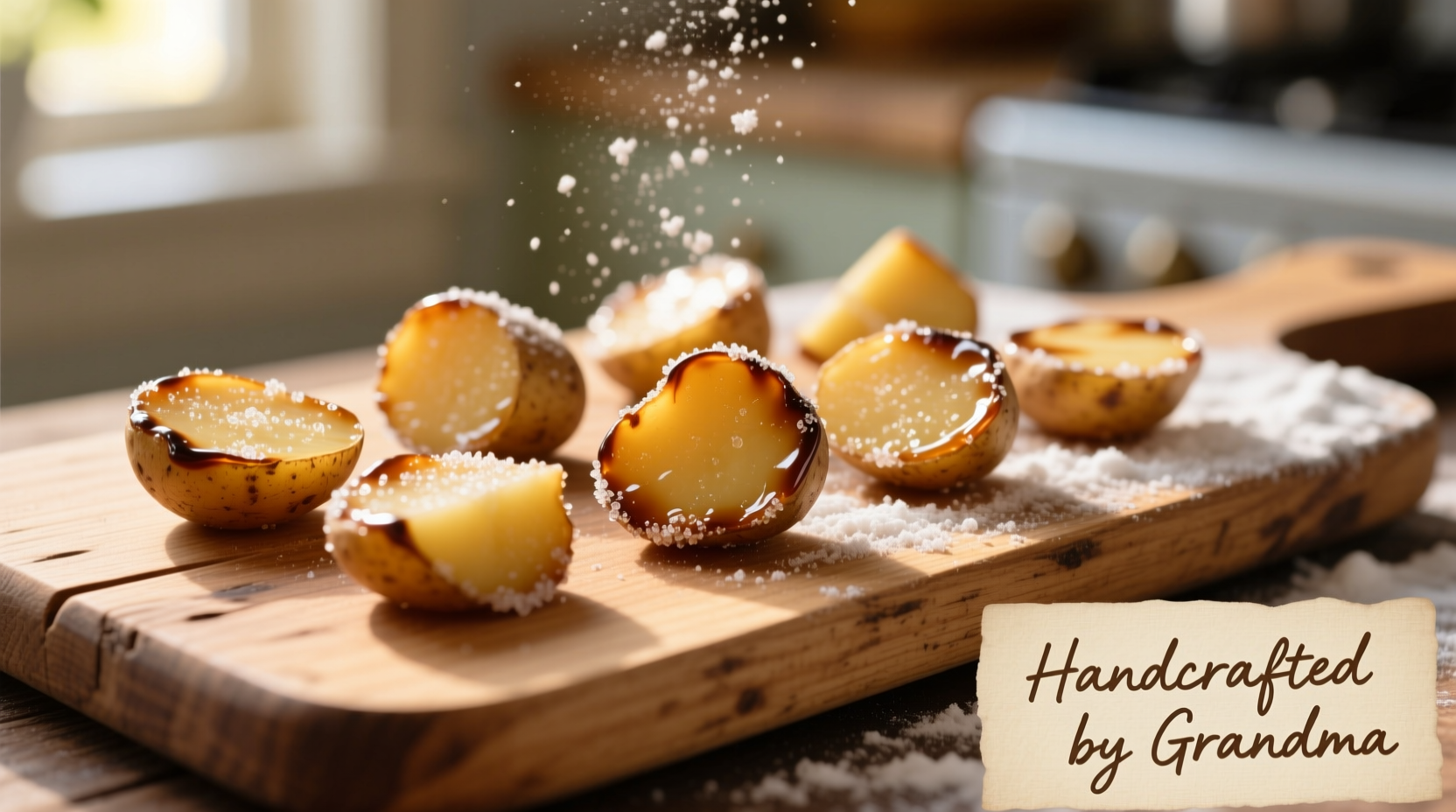 Homemade potato candy pieces on wooden board