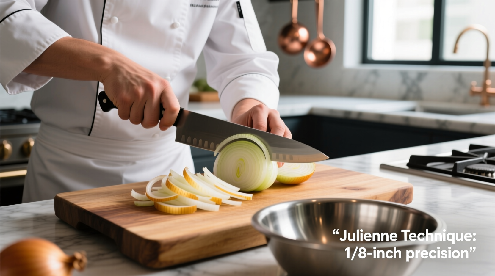 Chef demonstrating proper onion julienne cutting technique