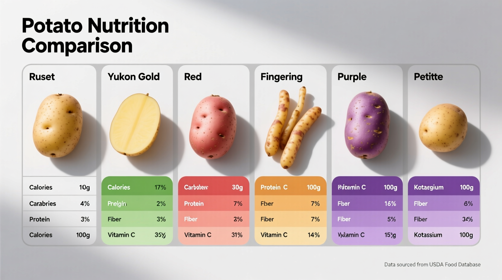Nutrition facts of different potato varieties side by side