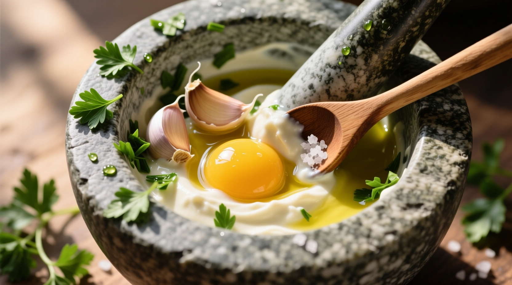 Homemade garlic aioli in mortar with fresh ingredients