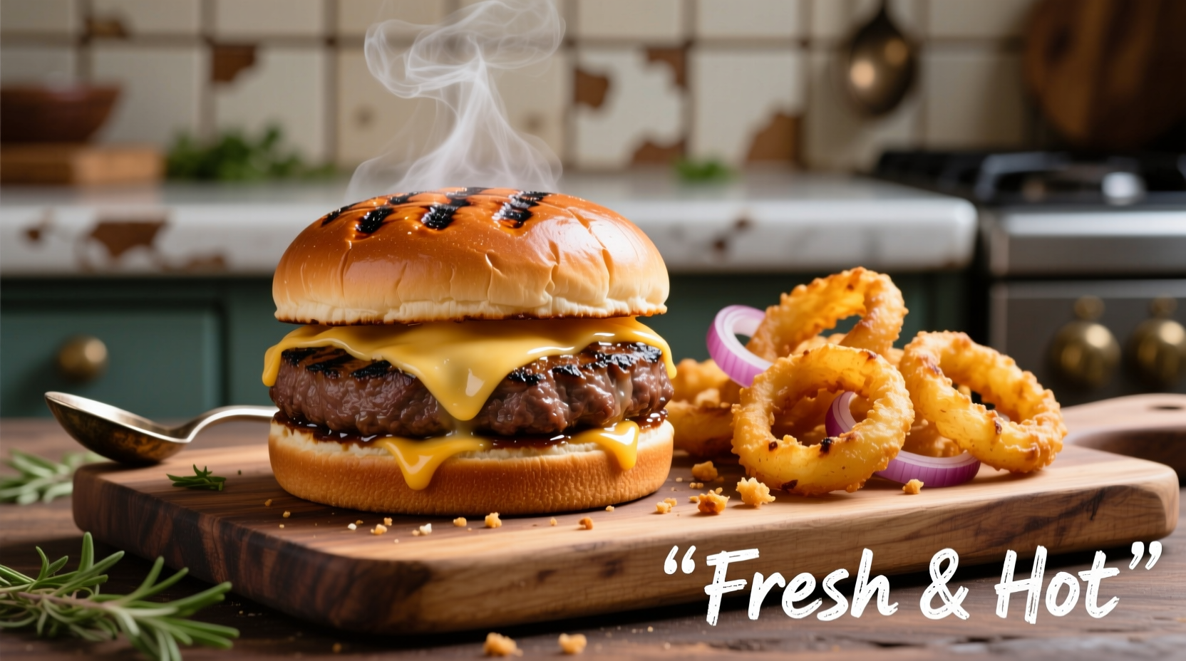 Freshly cooked burger with golden onion rings on side